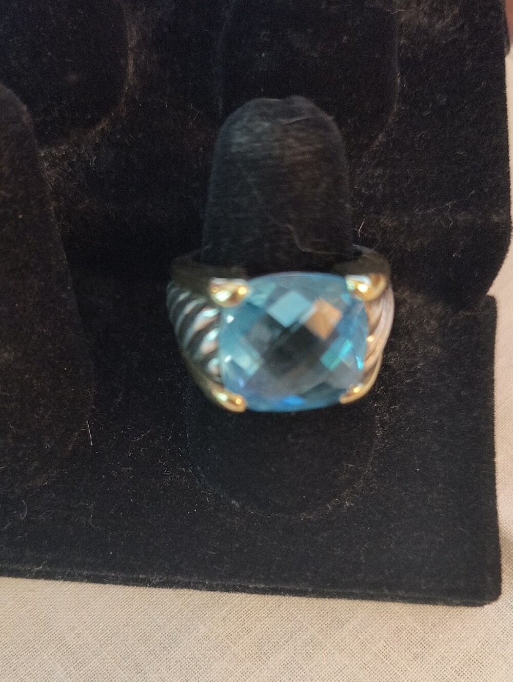 David Yurman Blue Topaz Two-Tone Cable Band Ring - Picture 2 of 7